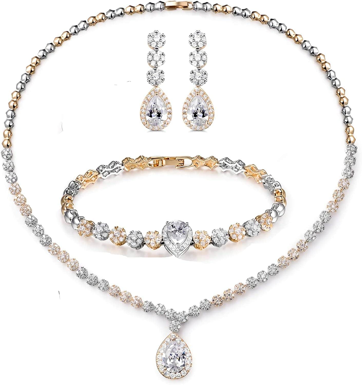 Jewelry Set for Women, Necklace Dangle Earrings Bracelet Set, White Gold Plated Jewelry Set with White AAA Cubic Zirconia, Allergy Free Wedding Party Jewelry for Bridal Bridesmaid two color tone