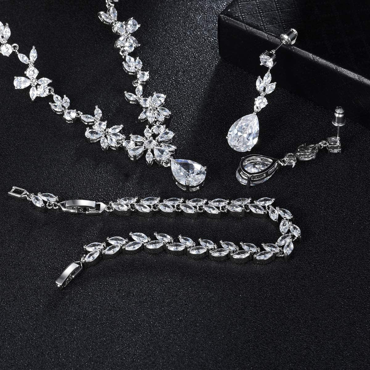 Jewelry Set for Women, Necklace Dangle Earrings Bracelet Set, White Gold Plated Jewelry Set with White AAA Cubic Zirconia, Allergy Free Wedding Party Jewelry for Bridal Bridesmaid