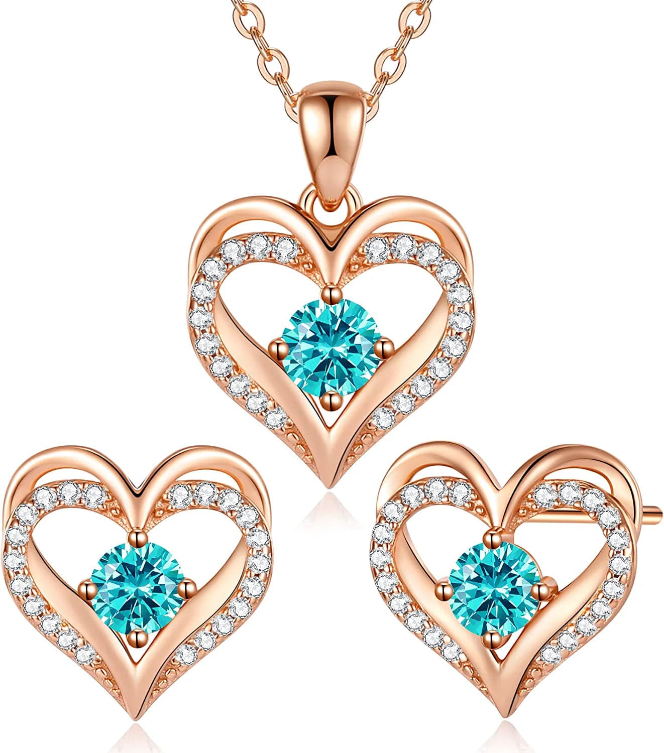 Jewelry Sets for Women Love Heart Pendant Necklaces Earrings, 925 Sterling Silver with Birthstone Zirconia, Birthday Anniversary Christmas Jewelry Gifts for Women Girls Wife Girlfriend Her Rose Gold-12-Dec(Circular Zircon)