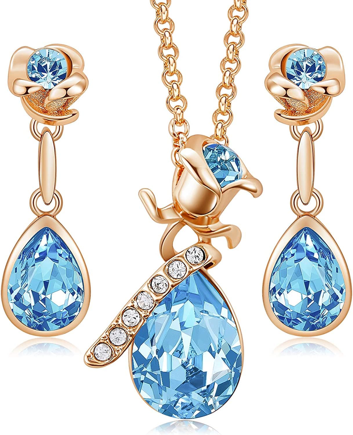 Jewelry Sets for Women Rose Gold Jewelry Embellished with Crystal from Austria Christmas Mothers Day Valentine'S Day Jewelry Gifts Necklace and Earrings Set for Mom Wife E_Rose Gold | Blue