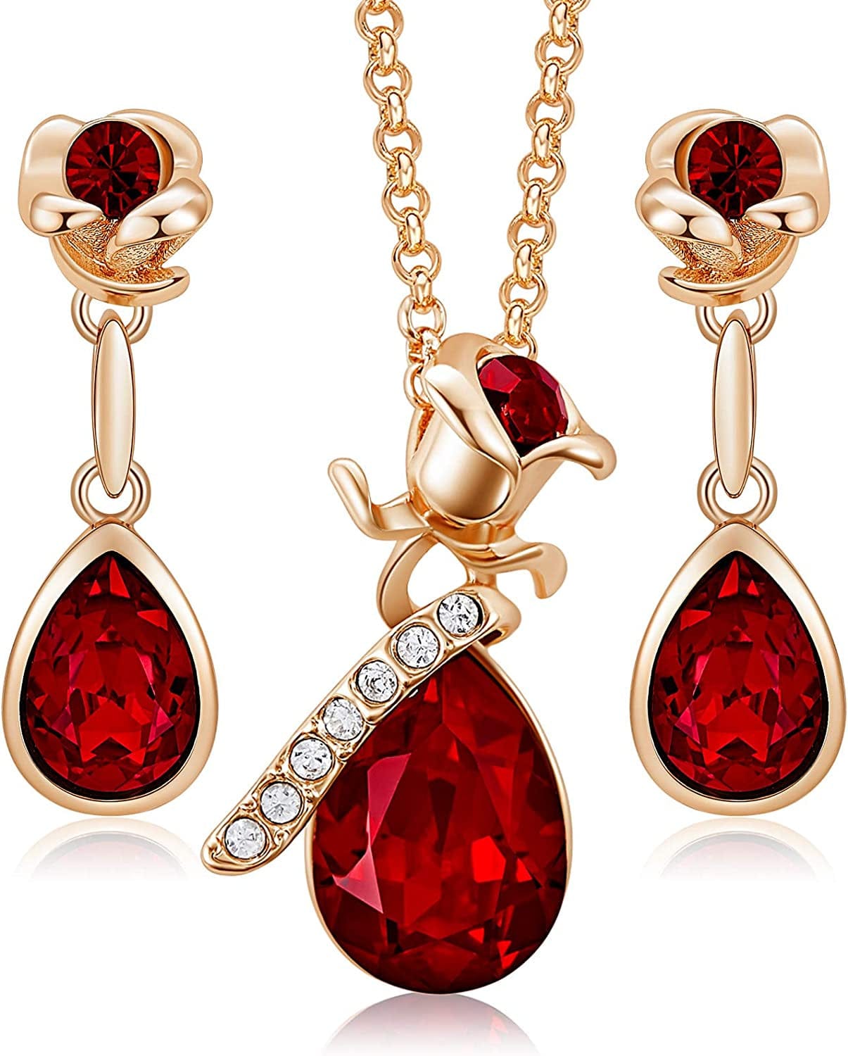 Jewelry Sets for Women Rose Gold Jewelry Embellished with Crystal from Austria Christmas Mothers Day Valentine'S Day Jewelry Gifts Necklace and Earrings Set for Mom Wife B_Red (Rose Gold)