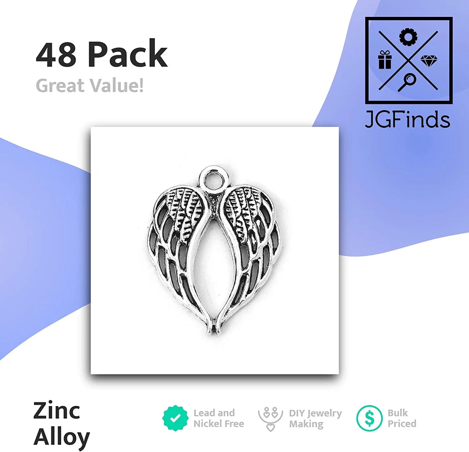 Jgfinds Angel Wings Pendant Charm - 48 Pack Antique Silver Tone for DIY Jewelry Making Supplies; Small 7/8 Inch Metal Wings for Bracelet, Necklace, Earrings or Arts and Crafts