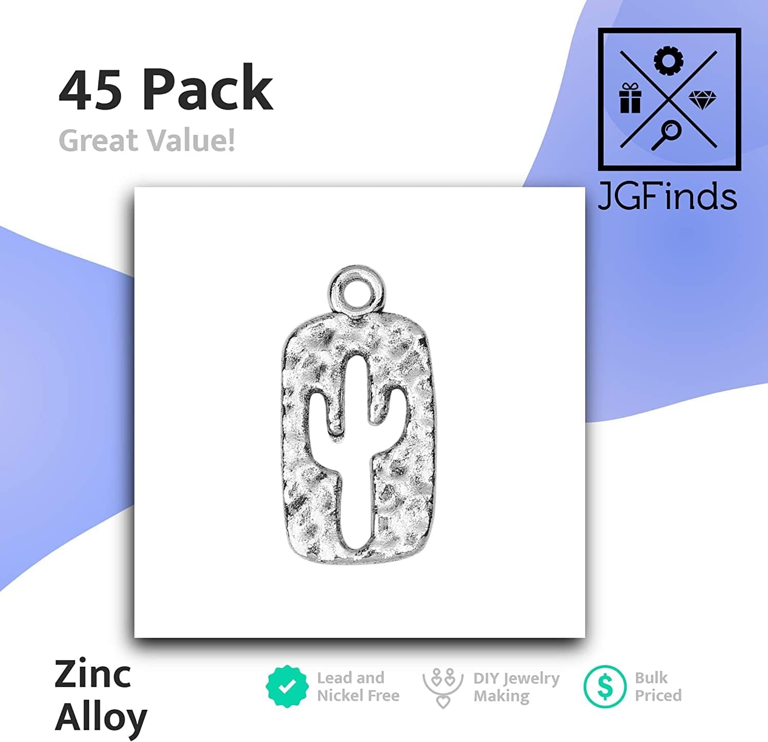 Jgfinds Cactus Charm Pendants, South Western Jewelry Making Accessories, Silver Tone, 45 Pack for Cacti Jewelry, Western Necklace, Western Keychain or Country Girl Arts and Crafts