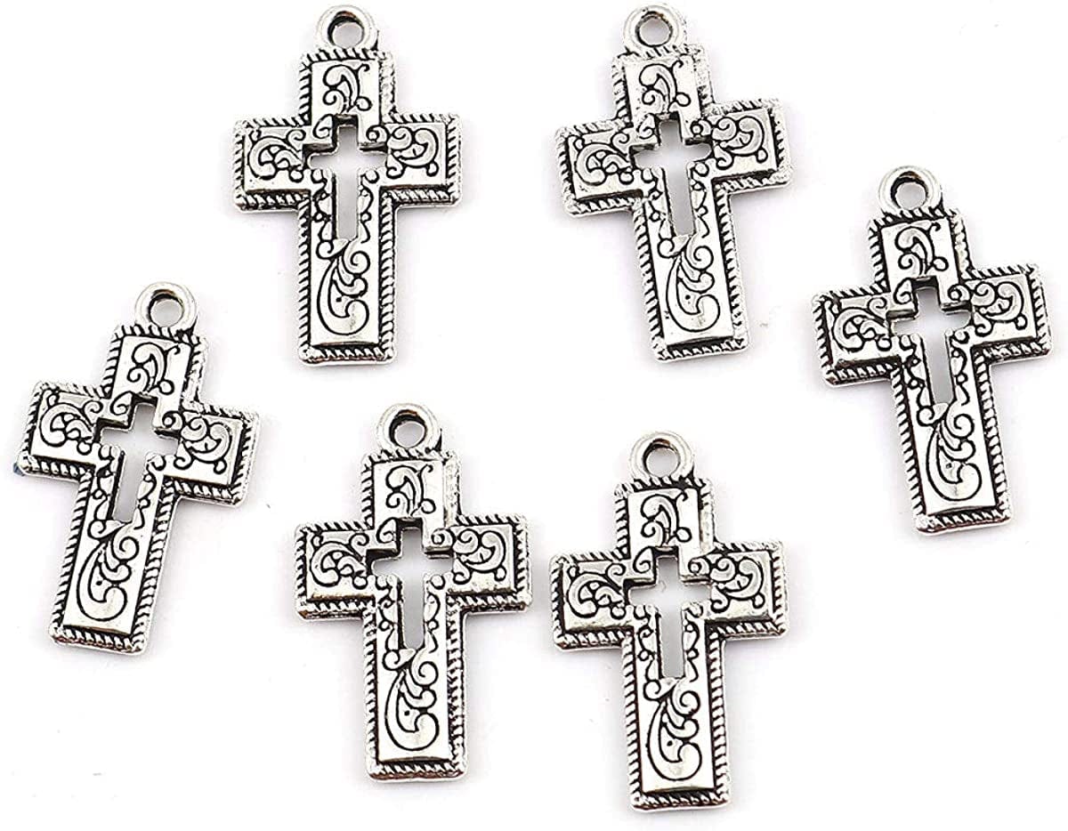 Jgfinds Cross Charm Pendants - 130 Pack (30 of Heart, 50 Each of Crosses) Old Style Filigree Look, Silver Tone, ⅞ Inch, DIY Jewelry Making Supplies