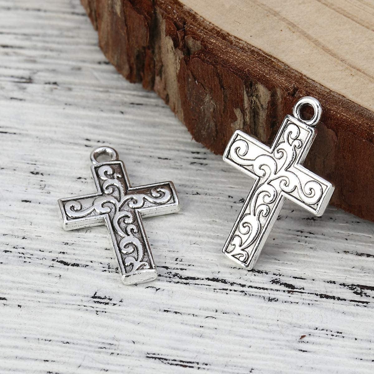 Jgfinds Cross Charm Pendants - 130 Pack (30 of Heart, 50 Each of Crosses) Old Style Filigree Look, Silver Tone, ⅞ Inch, DIY Jewelry Making Supplies