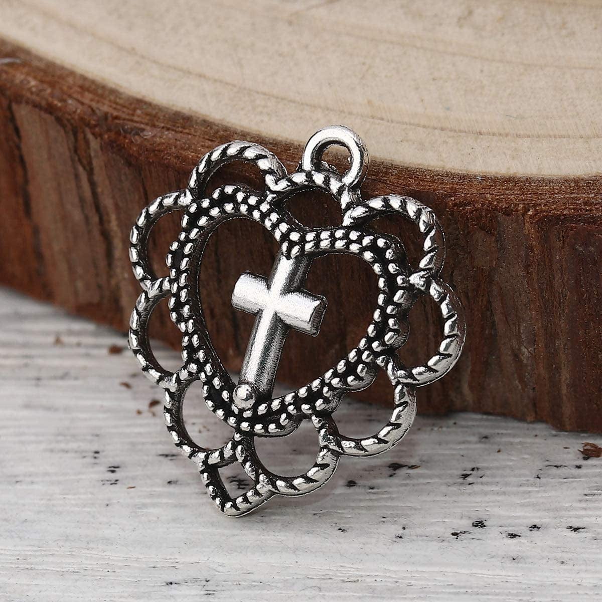 Jgfinds Cross Charm Pendants - 130 Pack (30 of Heart, 50 Each of Crosses) Old Style Filigree Look, Silver Tone, ⅞ Inch, DIY Jewelry Making Supplies