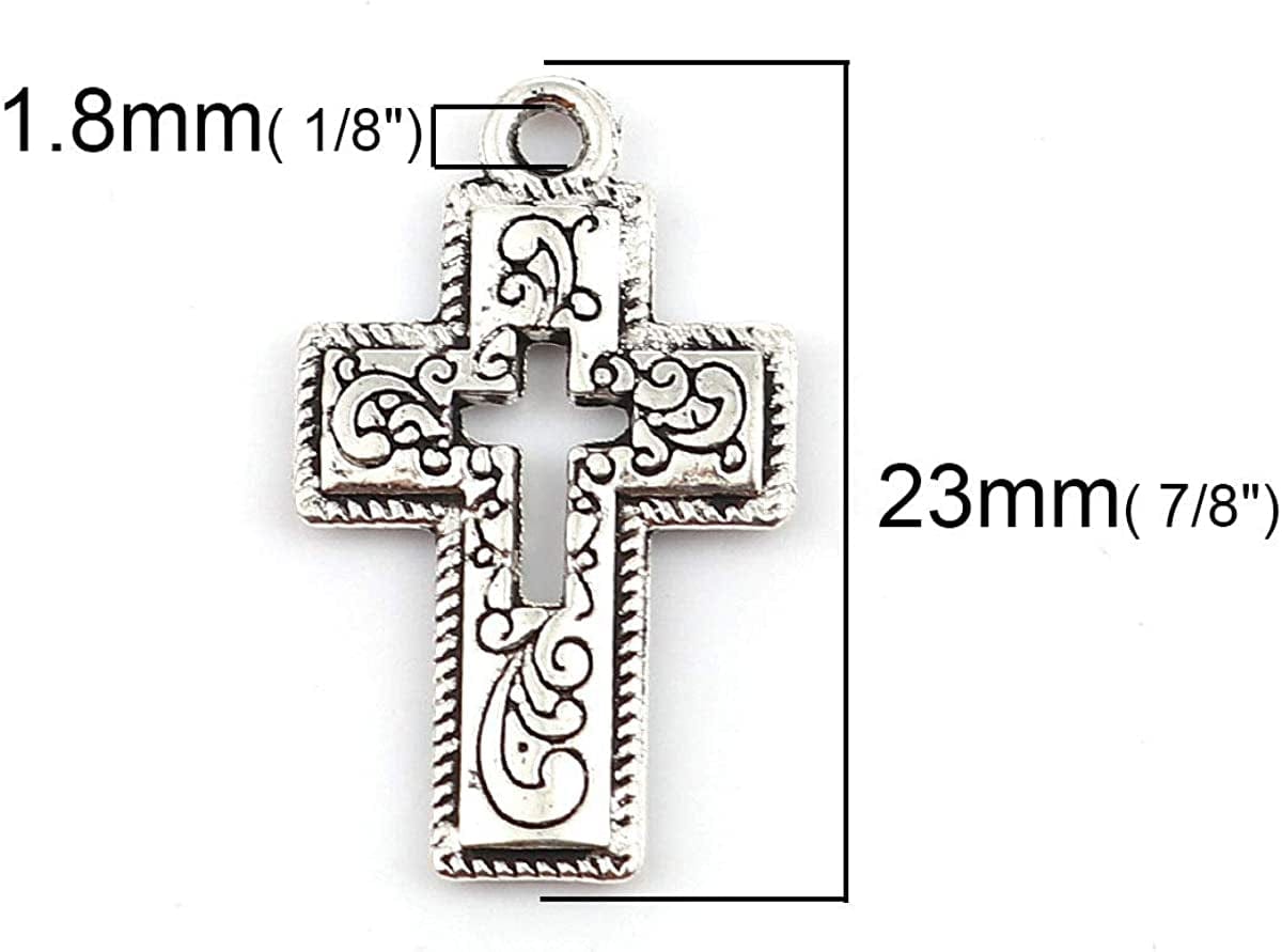 Jgfinds Cross Charm Pendants - 130 Pack (30 of Heart, 50 Each of Crosses) Old Style Filigree Look, Silver Tone, ⅞ Inch, DIY Jewelry Making Supplies