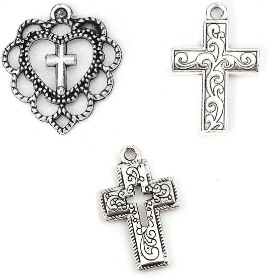 Jgfinds Cross Charm Pendants - 130 Pack (30 of Heart, 50 Each of Crosses) Old Style Filigree Look, Silver Tone, ⅞ Inch, DIY Jewelry Making Supplies