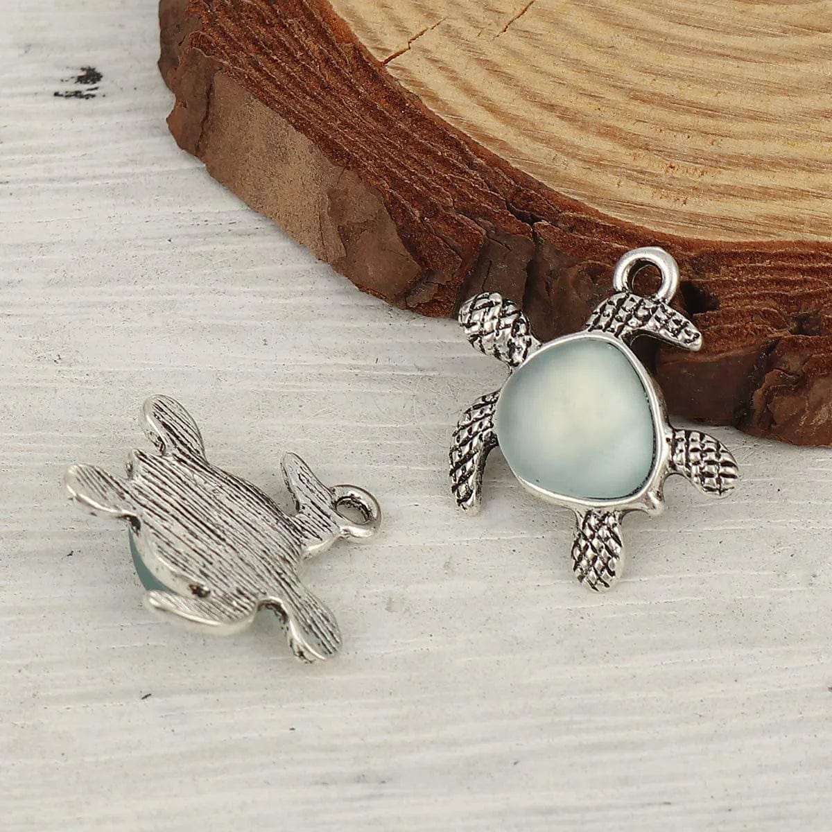 Jgfinds Sea Glass Turtle Charm Pendants - 5 Pack Silver Tone DIY Turtle Charms for Jewelry Making Supplies (Light Blue), Necklace or Bracelet Pendant, Beach Tortoise Light Blue