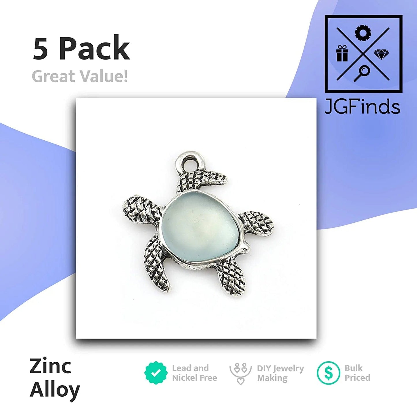 Jgfinds Sea Glass Turtle Charm Pendants - 5 Pack Silver Tone DIY Turtle Charms for Jewelry Making Supplies (Light Blue), Necklace or Bracelet Pendant, Beach Tortoise Light Blue