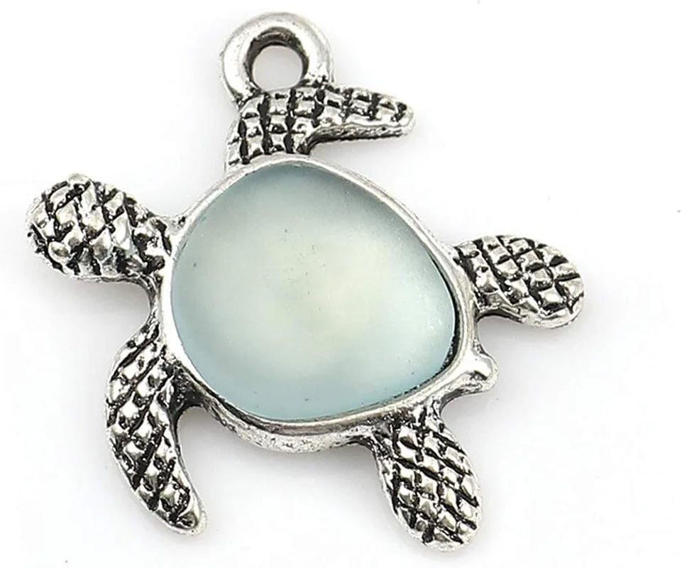 Jgfinds Sea Glass Turtle Charm Pendants - 5 Pack Silver Tone DIY Turtle Charms for Jewelry Making Supplies (Light Blue), Necklace or Bracelet Pendant, Beach Tortoise Light Blue