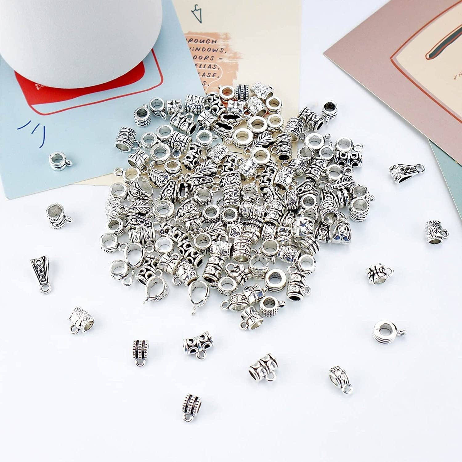 JIALEEY 125 Piece Mixed Antique Tibetan Silver Bail Tube Beads, Bail Beads, Spacer Bead, Bead Hanger Fit Charm European Bracelet Pendant Jewelry Making