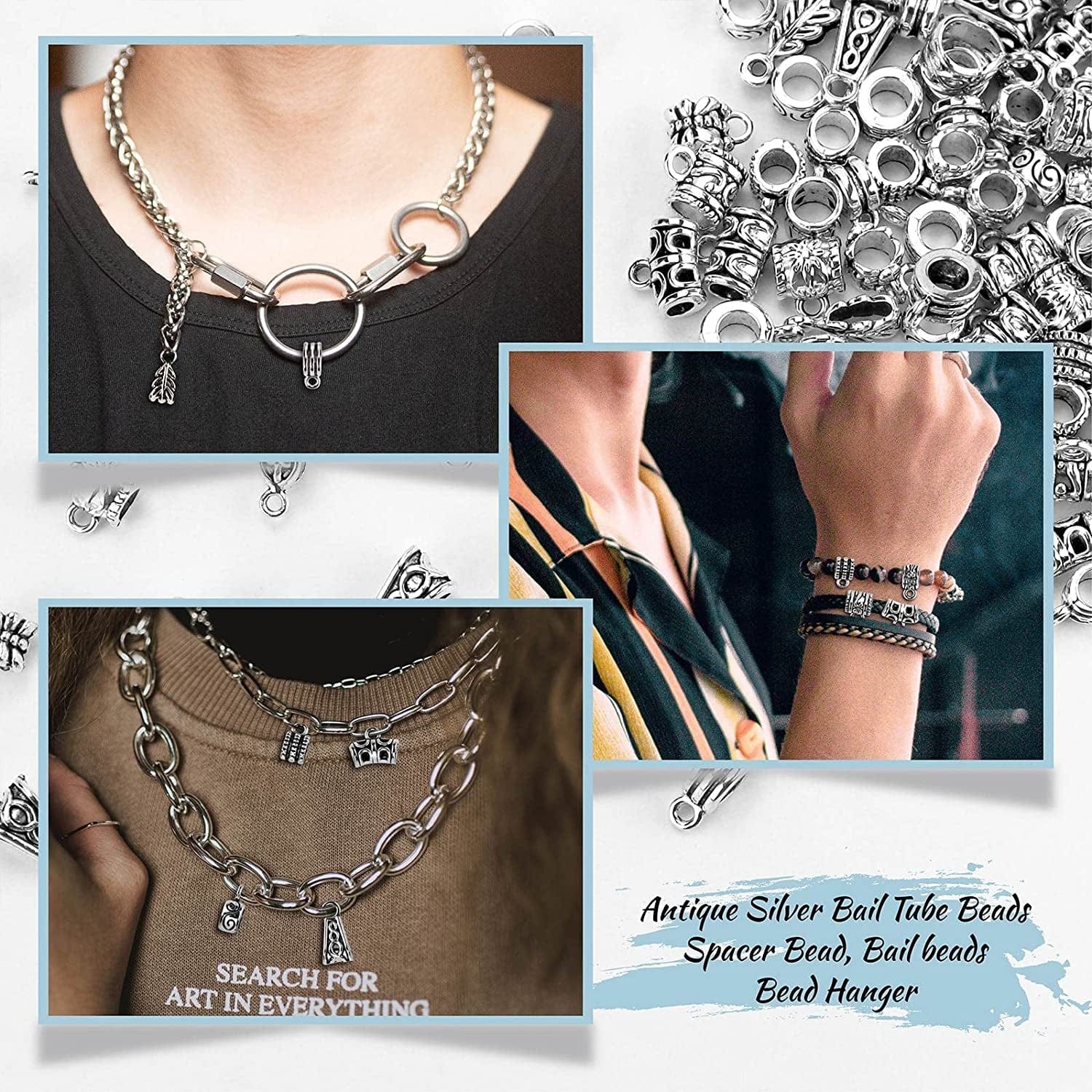JIALEEY 125 Piece Mixed Antique Tibetan Silver Bail Tube Beads, Bail Beads, Spacer Bead, Bead Hanger Fit Charm European Bracelet Pendant Jewelry Making