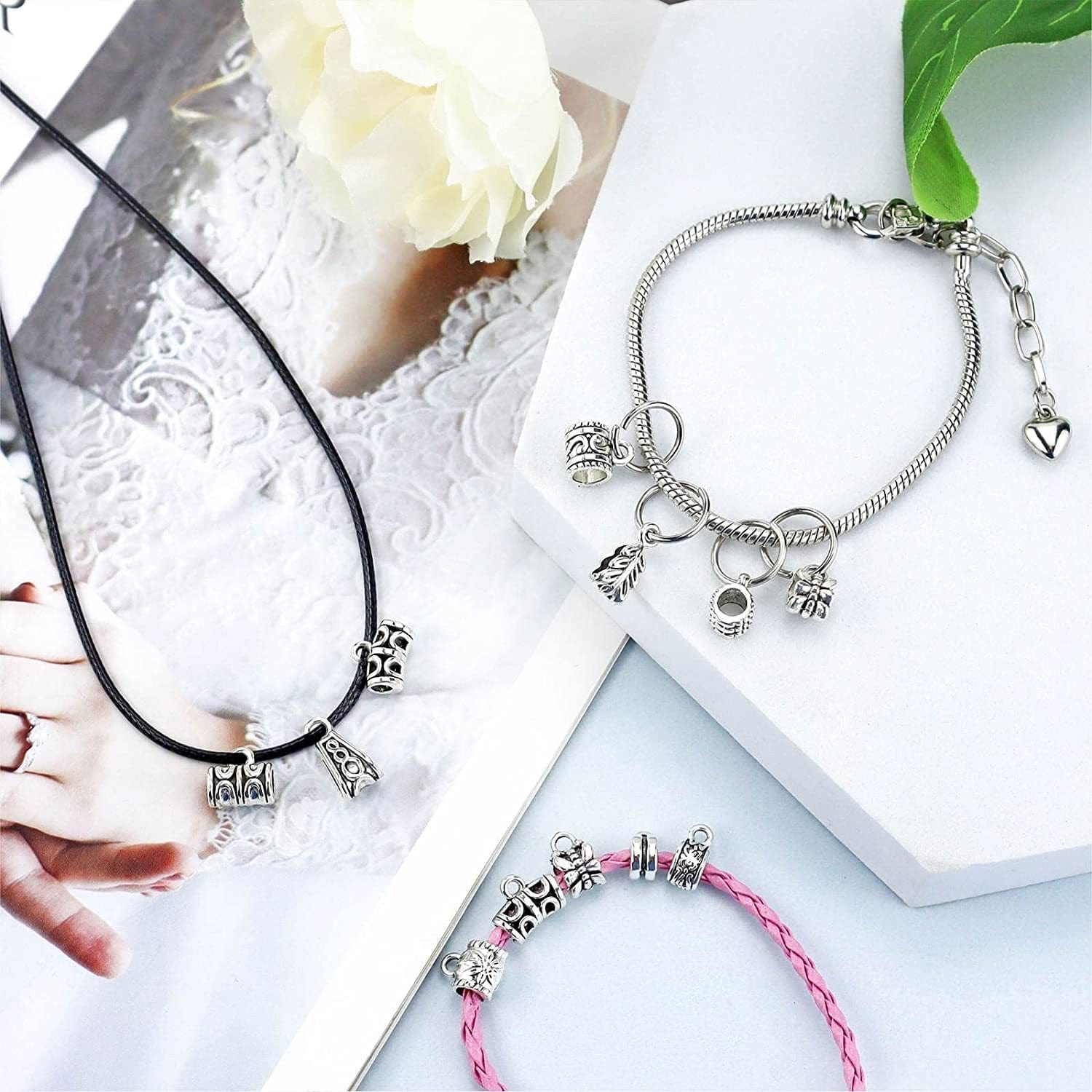 JIALEEY 125 Piece Mixed Antique Tibetan Silver Bail Tube Beads, Bail Beads, Spacer Bead, Bead Hanger Fit Charm European Bracelet Pendant Jewelry Making