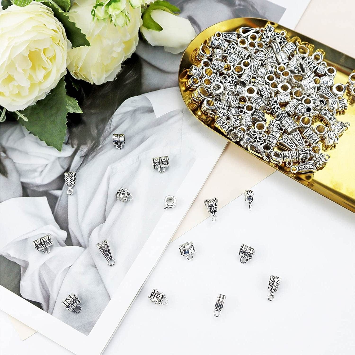 JIALEEY 125 Piece Mixed Antique Tibetan Silver Bail Tube Beads, Bail Beads, Spacer Bead, Bead Hanger Fit Charm European Bracelet Pendant Jewelry Making