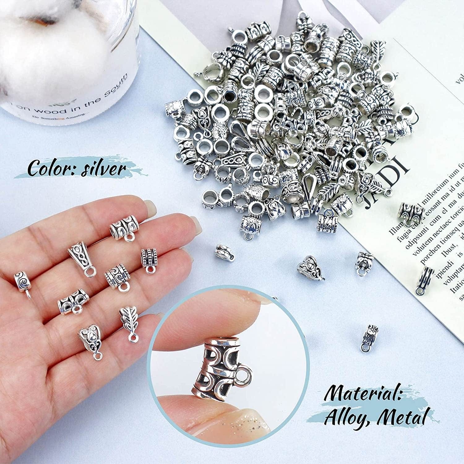 JIALEEY 125 Piece Mixed Antique Tibetan Silver Bail Tube Beads, Bail Beads, Spacer Bead, Bead Hanger Fit Charm European Bracelet Pendant Jewelry Making