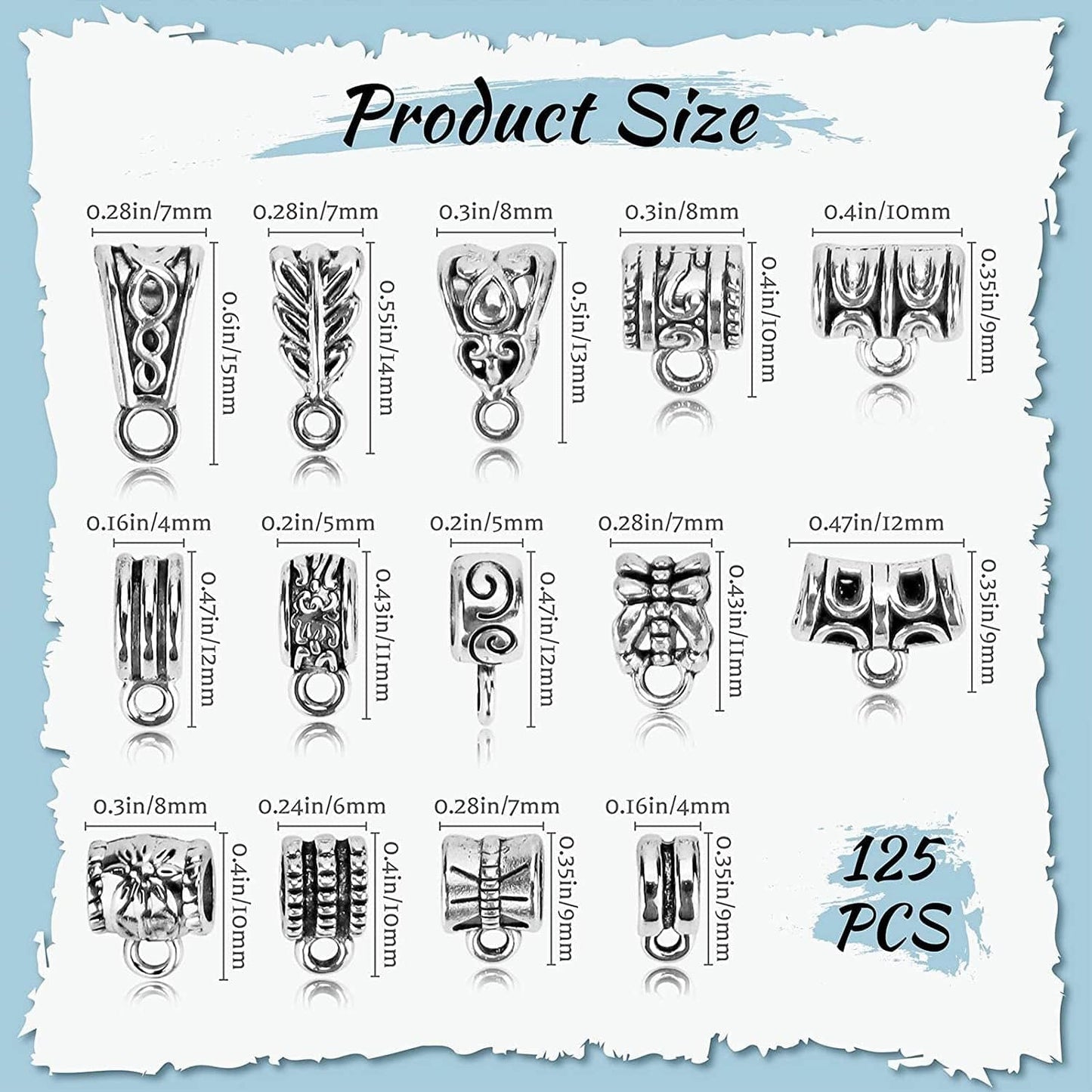 JIALEEY 125 Piece Mixed Antique Tibetan Silver Bail Tube Beads, Bail Beads, Spacer Bead, Bead Hanger Fit Charm European Bracelet Pendant Jewelry Making