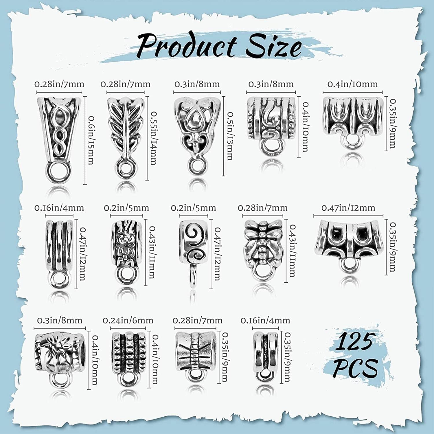 JIALEEY 125 Piece Mixed Antique Tibetan Silver Bail Tube Beads, Bail Beads, Spacer Bead, Bead Hanger Fit Charm European Bracelet Pendant Jewelry Making