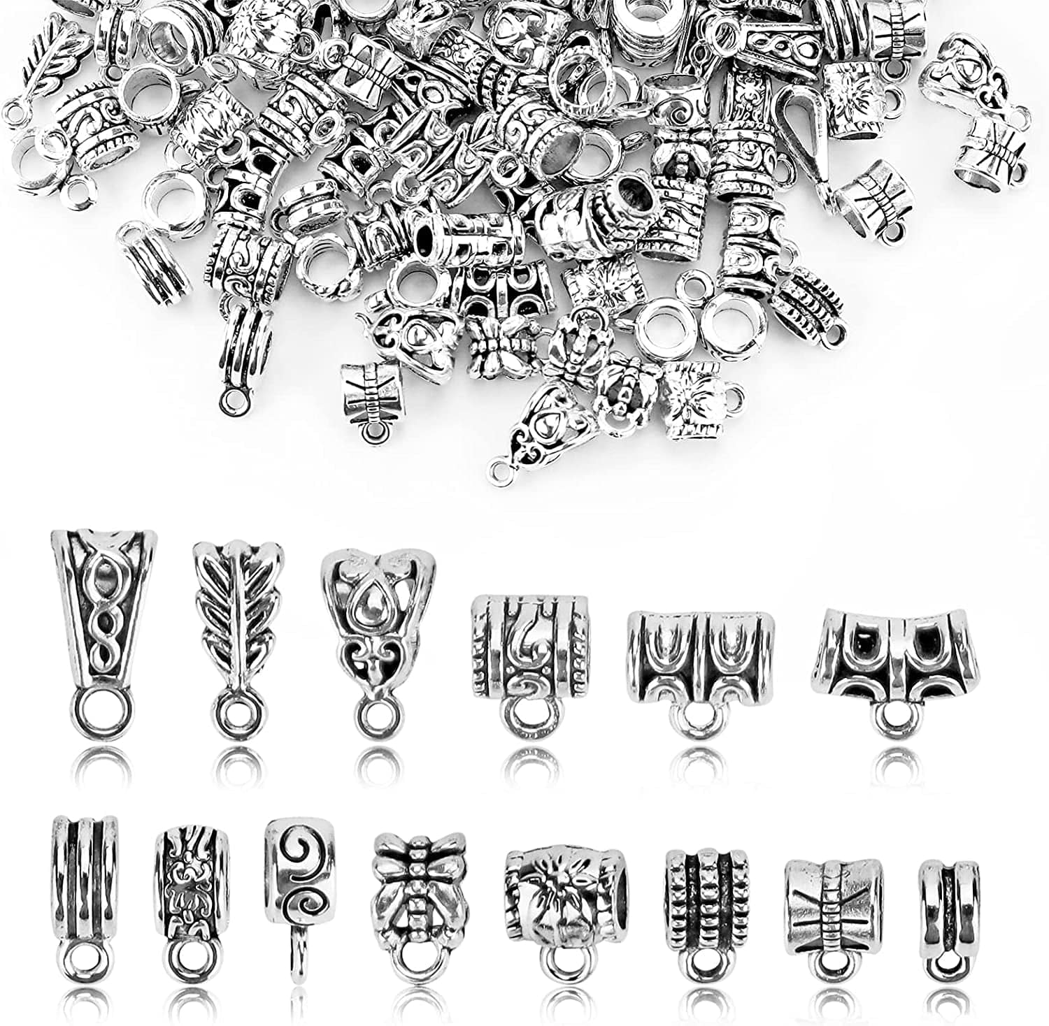 JIALEEY 125 Piece Mixed Antique Tibetan Silver Bail Tube Beads, Bail Beads, Spacer Bead, Bead Hanger Fit Charm European Bracelet Pendant Jewelry Making