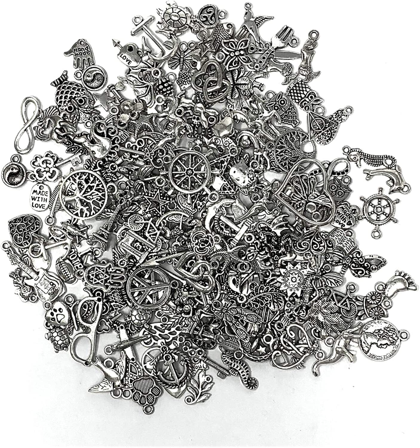 JIALEEY 200 PCS Wholesale Bulk Lots Jewelry Making Charms Mixed Smooth Tibetan Silver Metal Charms Pendants DIY for Necklace Bracelet Jewelry Making and Crafting