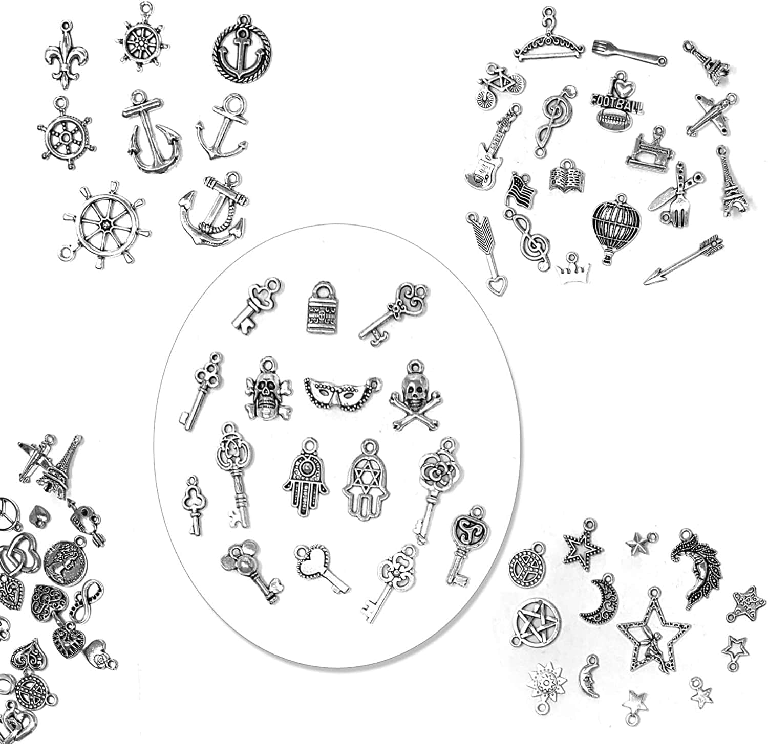 JIALEEY 200 PCS Wholesale Bulk Lots Jewelry Making Charms Mixed Smooth Tibetan Silver Metal Charms Pendants DIY for Necklace Bracelet Jewelry Making and Crafting