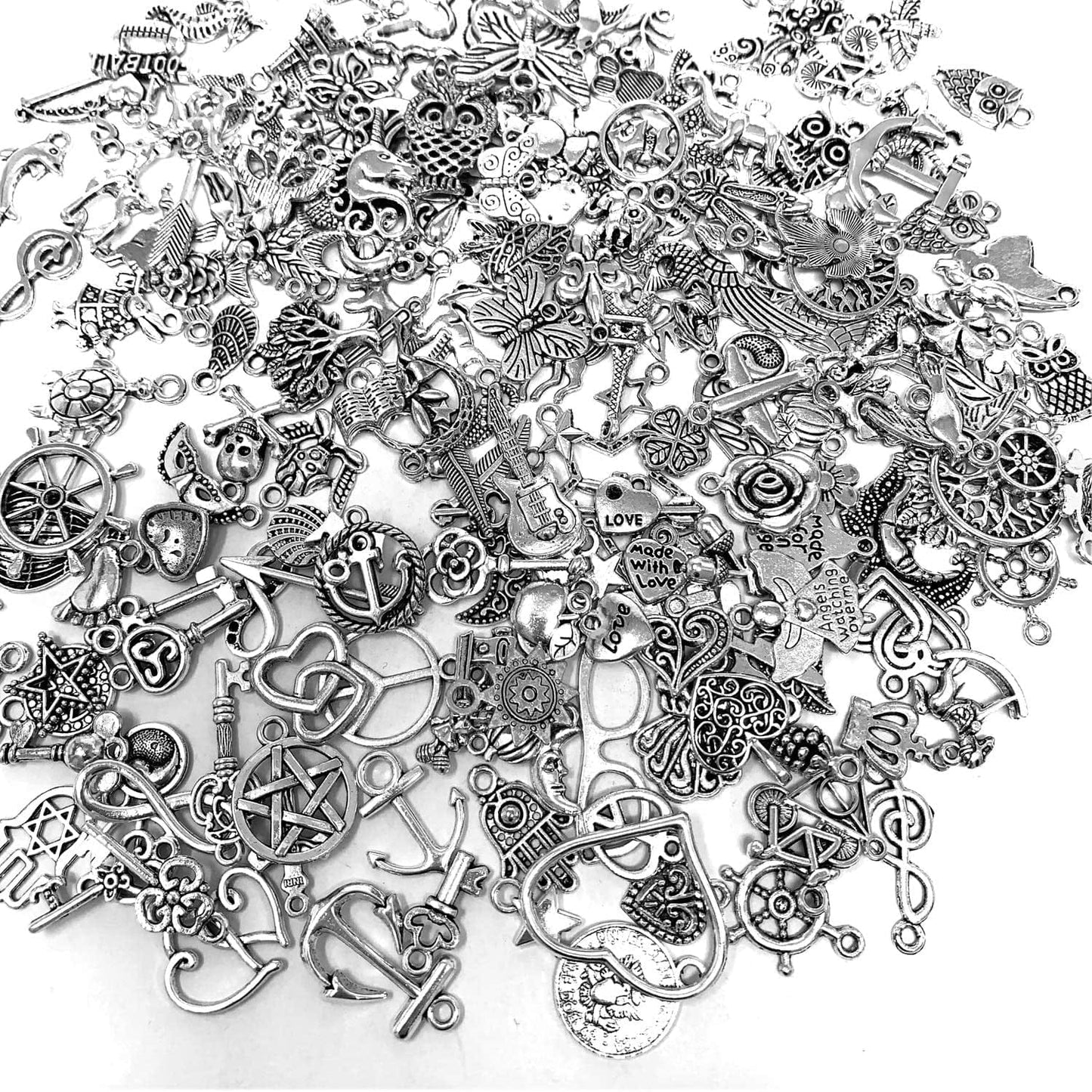 JIALEEY 200 PCS Wholesale Bulk Lots Jewelry Making Charms Mixed Smooth Tibetan Silver Metal Charms Pendants DIY for Necklace Bracelet Jewelry Making and Crafting
