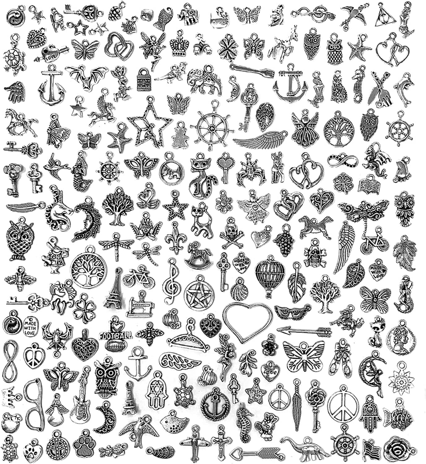 JIALEEY 200 PCS Wholesale Bulk Lots Jewelry Making Charms Mixed Smooth Tibetan Silver Metal Charms Pendants DIY for Necklace Bracelet Jewelry Making and Crafting