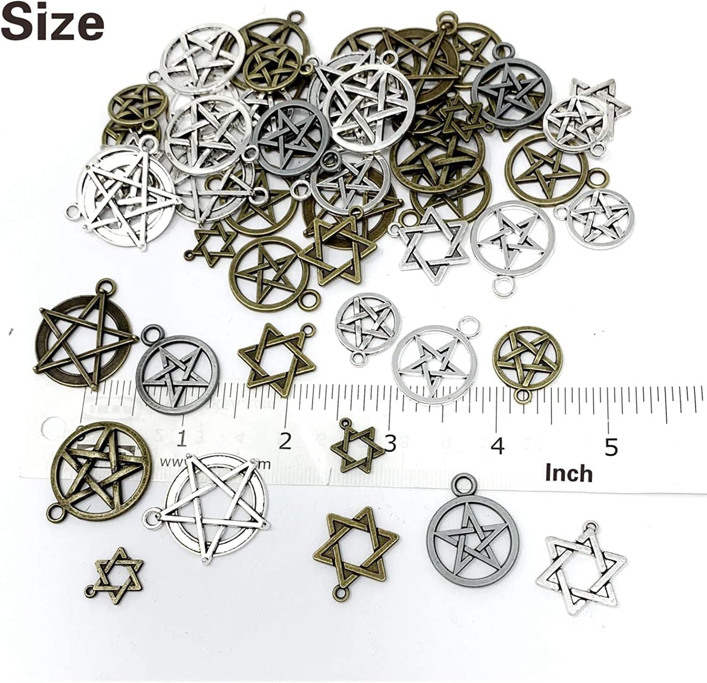 JIALEEY 48Pcs Mixed Magic Pentacle Hexagram Star Protection Lucky Charms Pendants DIY for Necklace Bracelet Jewelry Making, Antique Silver Bronze