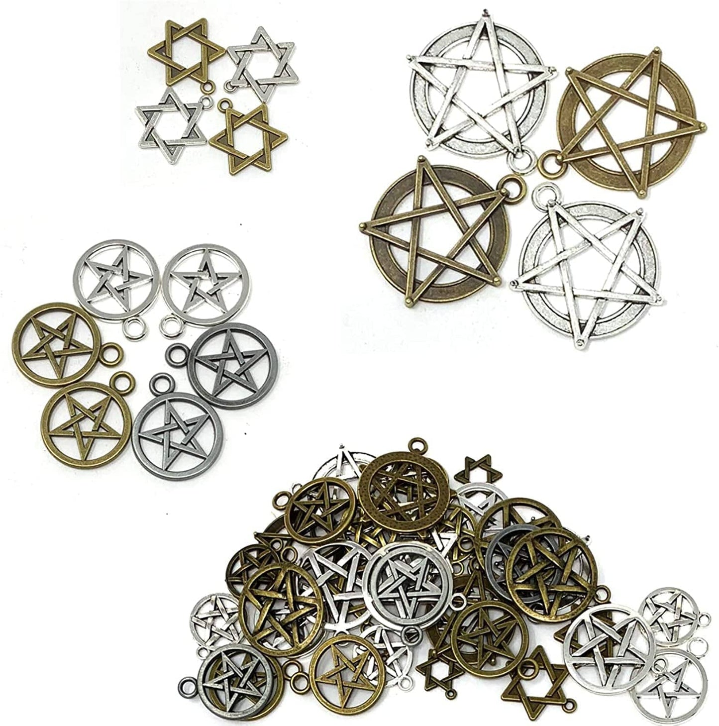 JIALEEY 48Pcs Mixed Magic Pentacle Hexagram Star Protection Lucky Charms Pendants DIY for Necklace Bracelet Jewelry Making, Antique Silver Bronze
