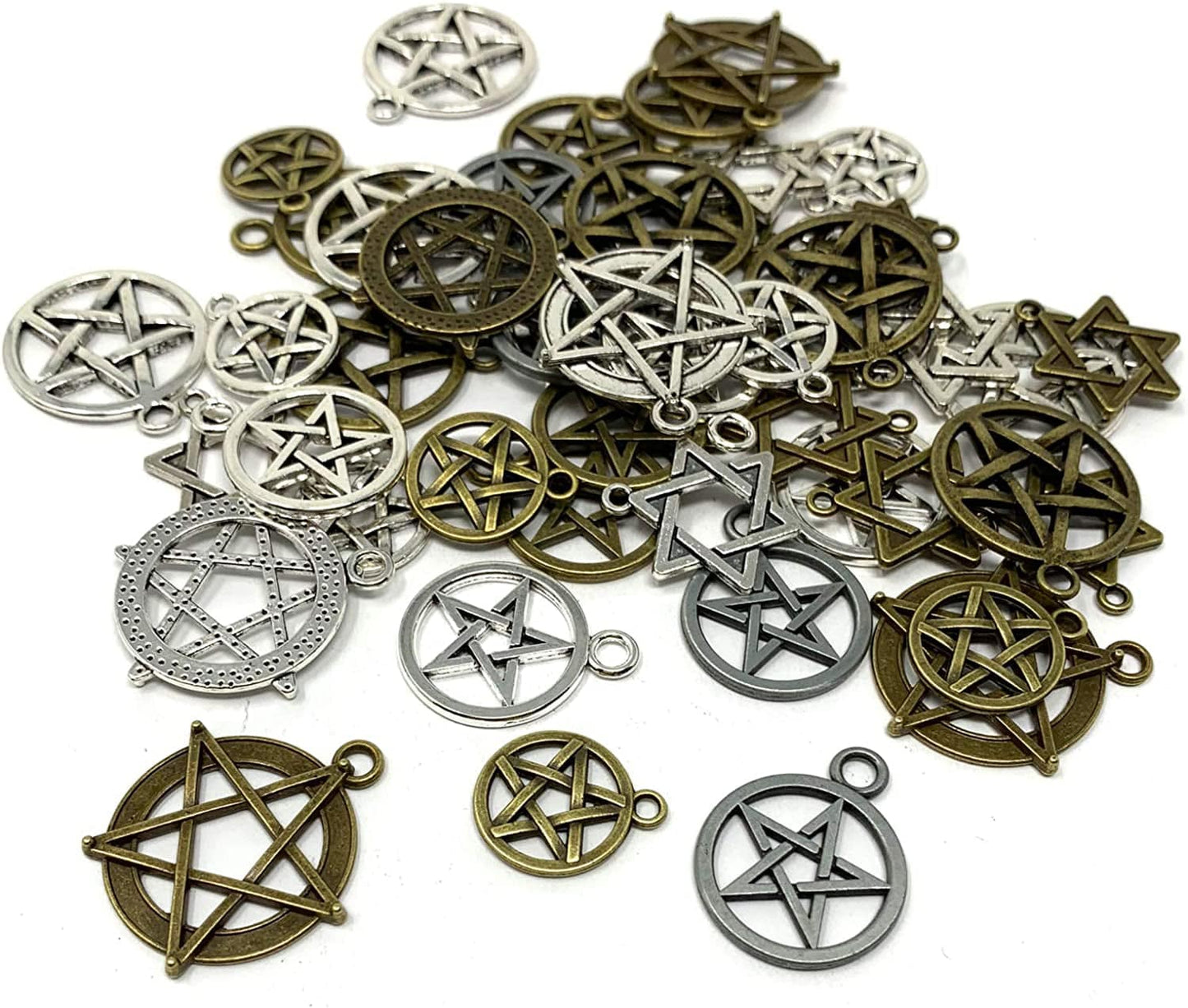 JIALEEY 48Pcs Mixed Magic Pentacle Hexagram Star Protection Lucky Charms Pendants DIY for Necklace Bracelet Jewelry Making, Antique Silver Bronze