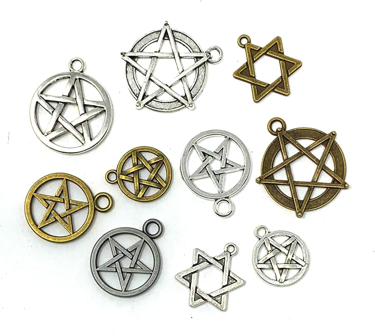 JIALEEY 48Pcs Mixed Magic Pentacle Hexagram Star Protection Lucky Charms Pendants DIY for Necklace Bracelet Jewelry Making, Antique Silver Bronze