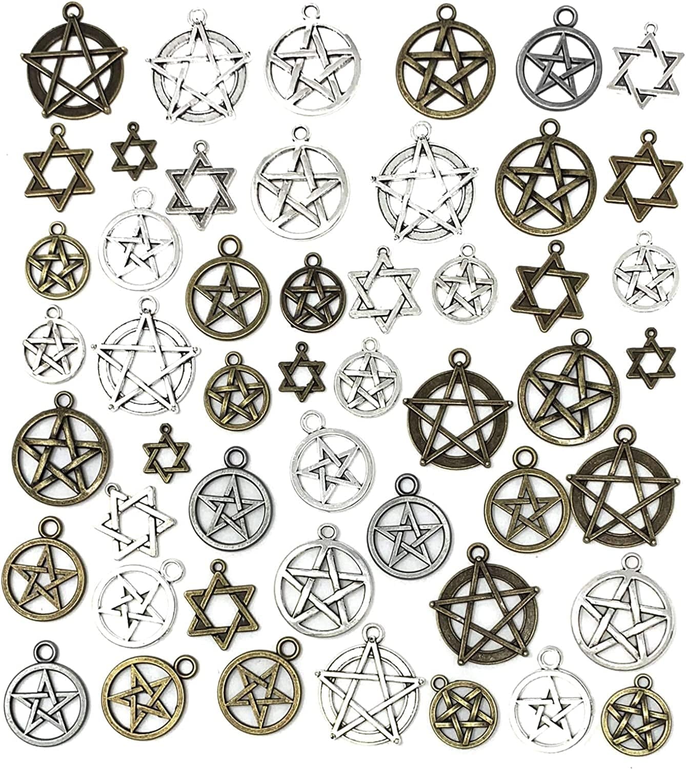 JIALEEY 48Pcs Mixed Magic Pentacle Hexagram Star Protection Lucky Charms Pendants DIY for Necklace Bracelet Jewelry Making, Antique Silver Bronze