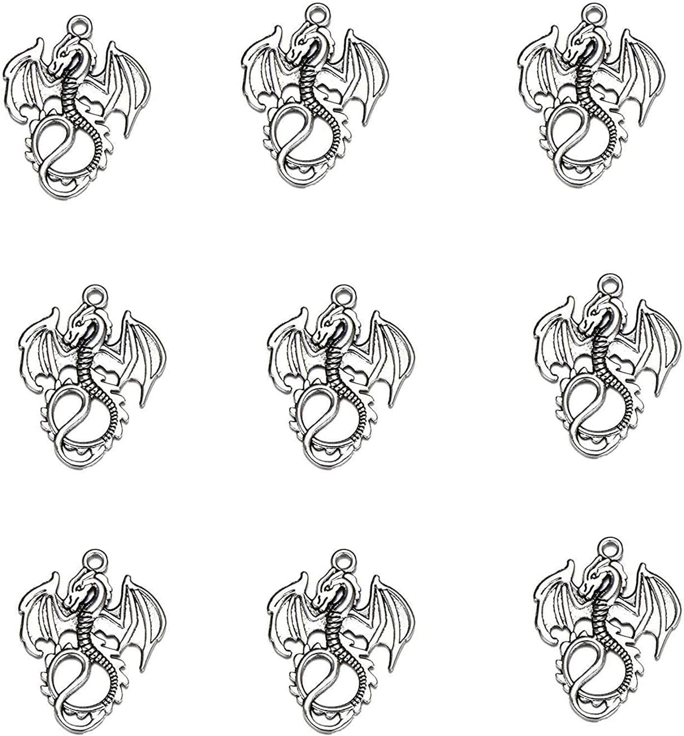 JIALEEY 50PCS Dragon Charm Flying Courage Pendant for DIY Jewelry Making Necklace Bracelet Accessaries, Antique Silver 21X16Mm