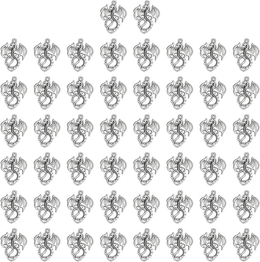 JIALEEY 50PCS Dragon Charm Flying Courage Pendant for DIY Jewelry Making Necklace Bracelet Accessaries, Antique Silver 21X16Mm