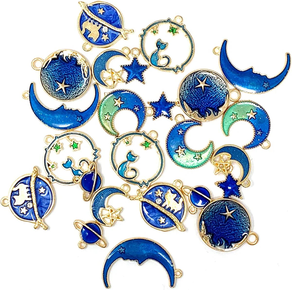 JIALEEY Assorted Gold Plated Enamel Cat Moon Star Celestial Charm Pendant DIY for Earrings Necklace Bracelet Jewelry Making and Crafting