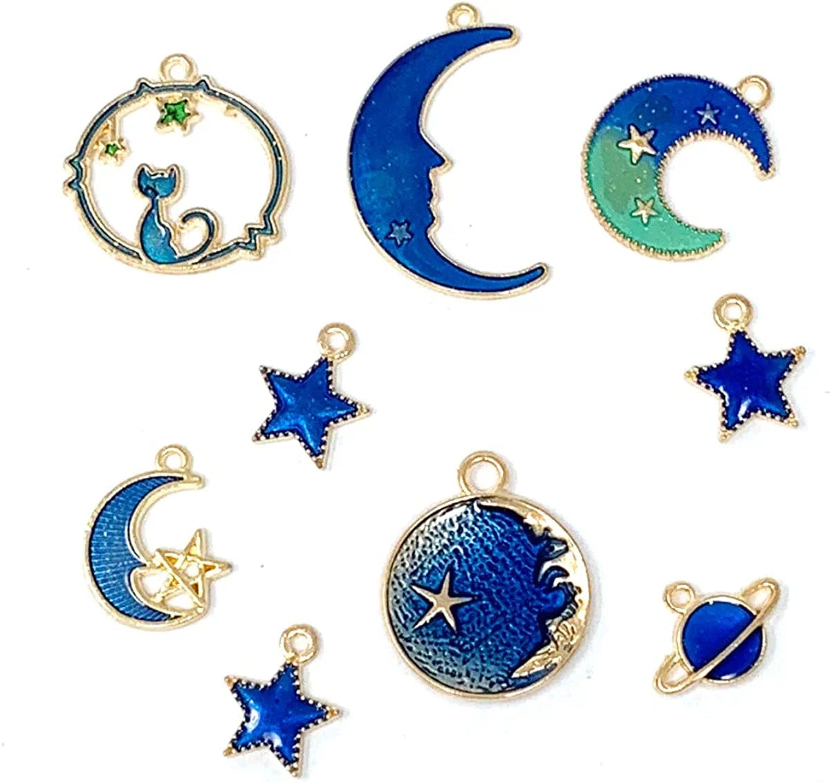 JIALEEY Assorted Gold Plated Enamel Cat Moon Star Celestial Charm Pendant DIY for Earrings Necklace Bracelet Jewelry Making and Crafting