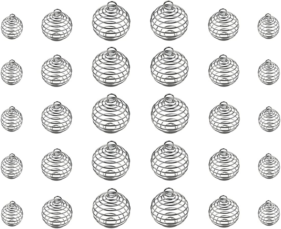 JIALEEY Spiral Bead Cages Pendants, 30 Pcs 3 Sizes Silver Plated Stone Holder Necklace Cage Pendants Findings for Jewelry Making and Crafting