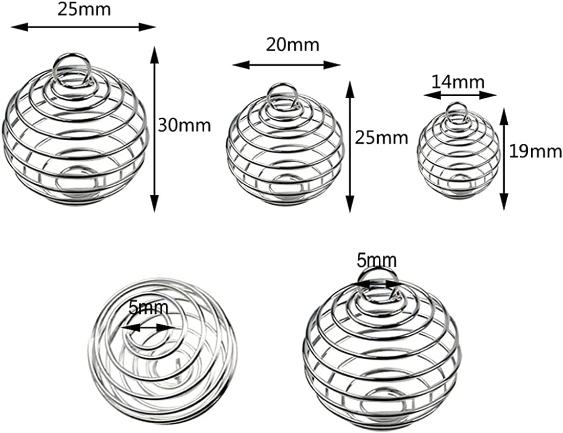 JIALEEY Spiral Bead Cages Pendants, 30 Pcs 3 Sizes Silver Plated Stone Holder Necklace Cage Pendants Findings for Jewelry Making and Crafting