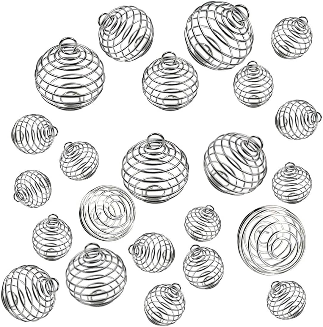JIALEEY Spiral Bead Cages Pendants, 30 Pcs 3 Sizes Silver Plated Stone Holder Necklace Cage Pendants Findings for Jewelry Making and Crafting