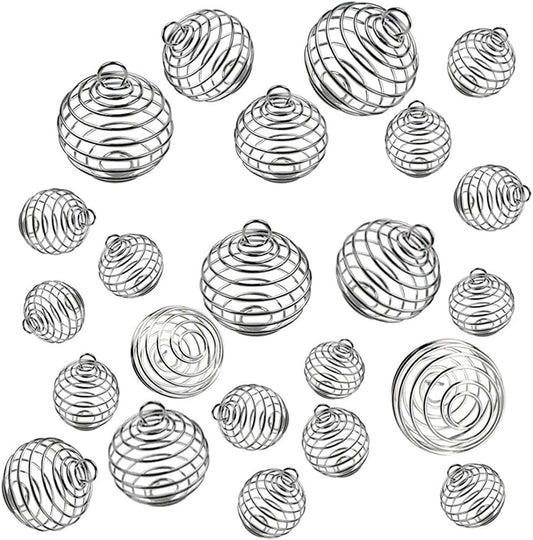 JIALEEY Spiral Bead Cages Pendants, 30 Pcs 3 Sizes Silver Plated Stone Holder Necklace Cage Pendants Findings for Jewelry Making and Crafting