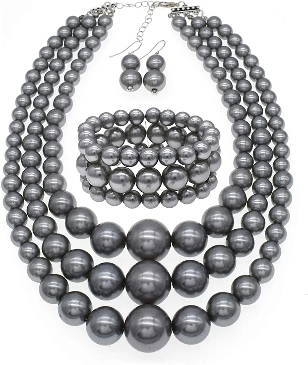 JNF Large Big Pearl Necklace and Earring Set Multi Strand Pearl Necklace Costume Jewelry Chunky Pearls Necklaces for Women gray pearl necklace set