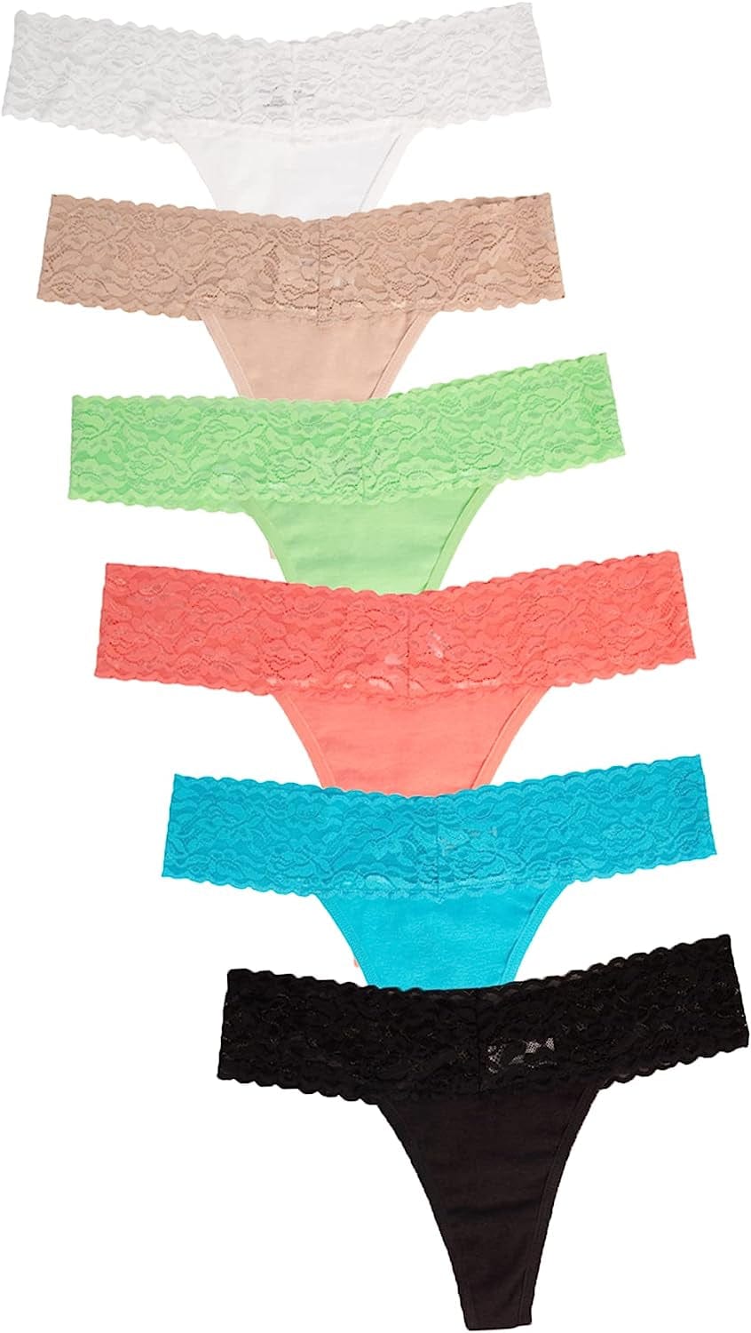 Jo & Bette (6 Pack or 12 Pack Cotton Womens Thong Underwear, Lace Trim Soft Sexy Lingerie Panties Set 6pk Classic / Small