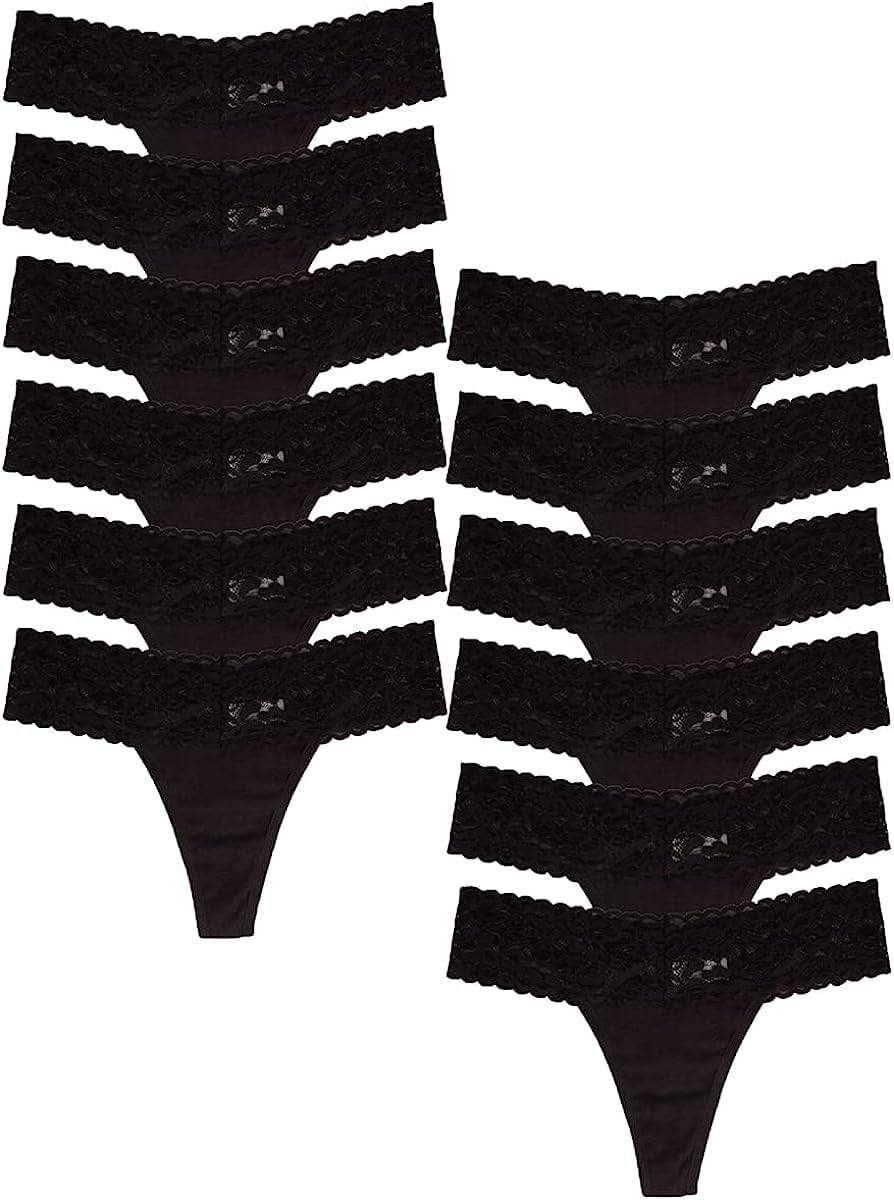 Jo & Bette (6 Pack or 12 Pack Cotton Womens Thong Underwear, Lace Trim Soft Sexy Lingerie Panties Set 12pk Black / XX-Large