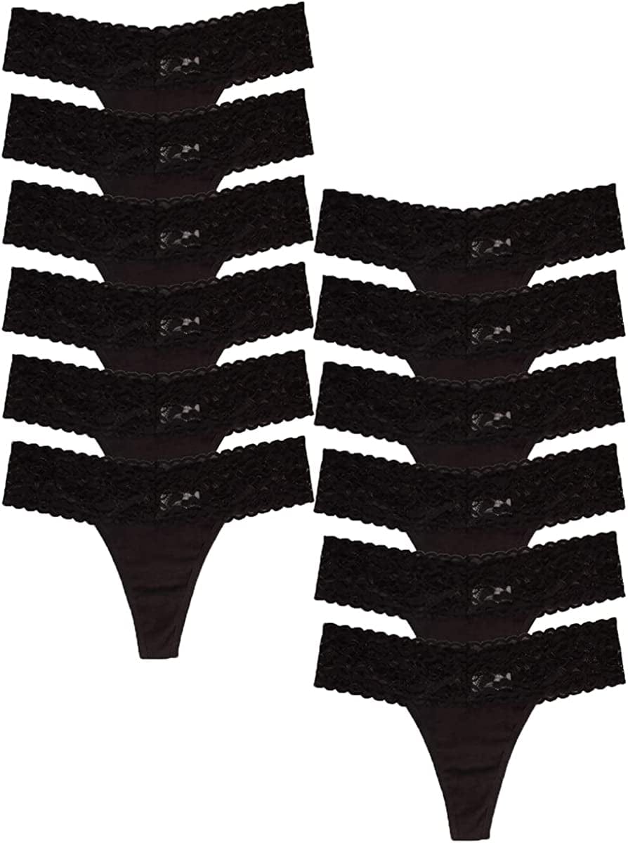 Jo & Bette (6 Pack or 12 Pack Cotton Womens Thong Underwear, Lace Trim Soft Sexy Lingerie Panties Set 12pk Black / Large
