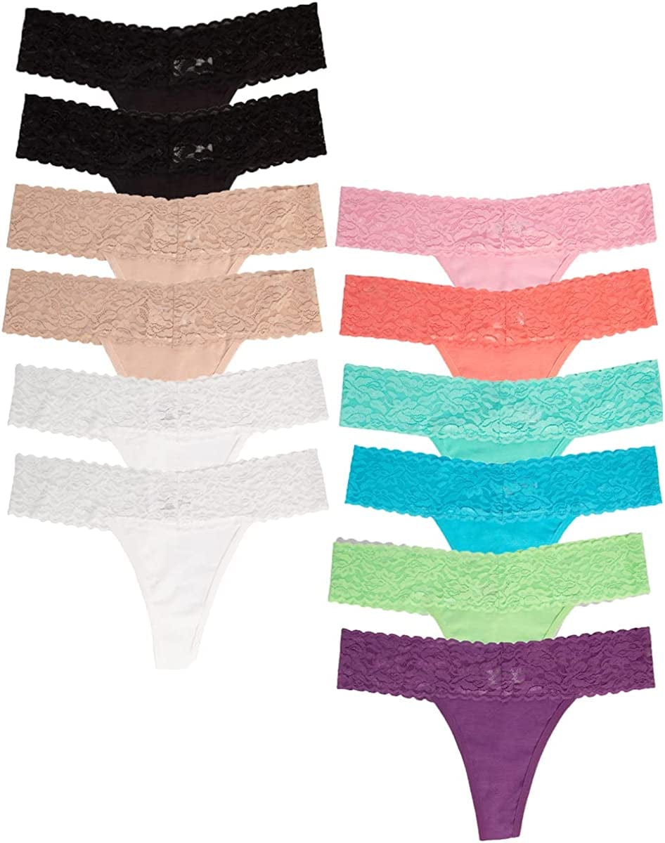 Jo & Bette (6 Pack or 12 Pack Cotton Womens Thong Underwear, Lace Trim Soft Sexy Lingerie Panties Set 6pk Classic, 6pk Pastel / Large