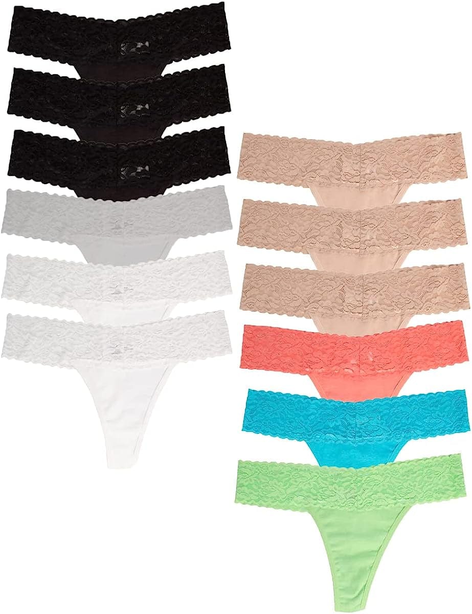 Jo & Bette (6 Pack or 12 Pack Cotton Womens Thong Underwear, Lace Trim Soft Sexy Lingerie Panties Set 6pk Classic, 6pk Neutral / Large