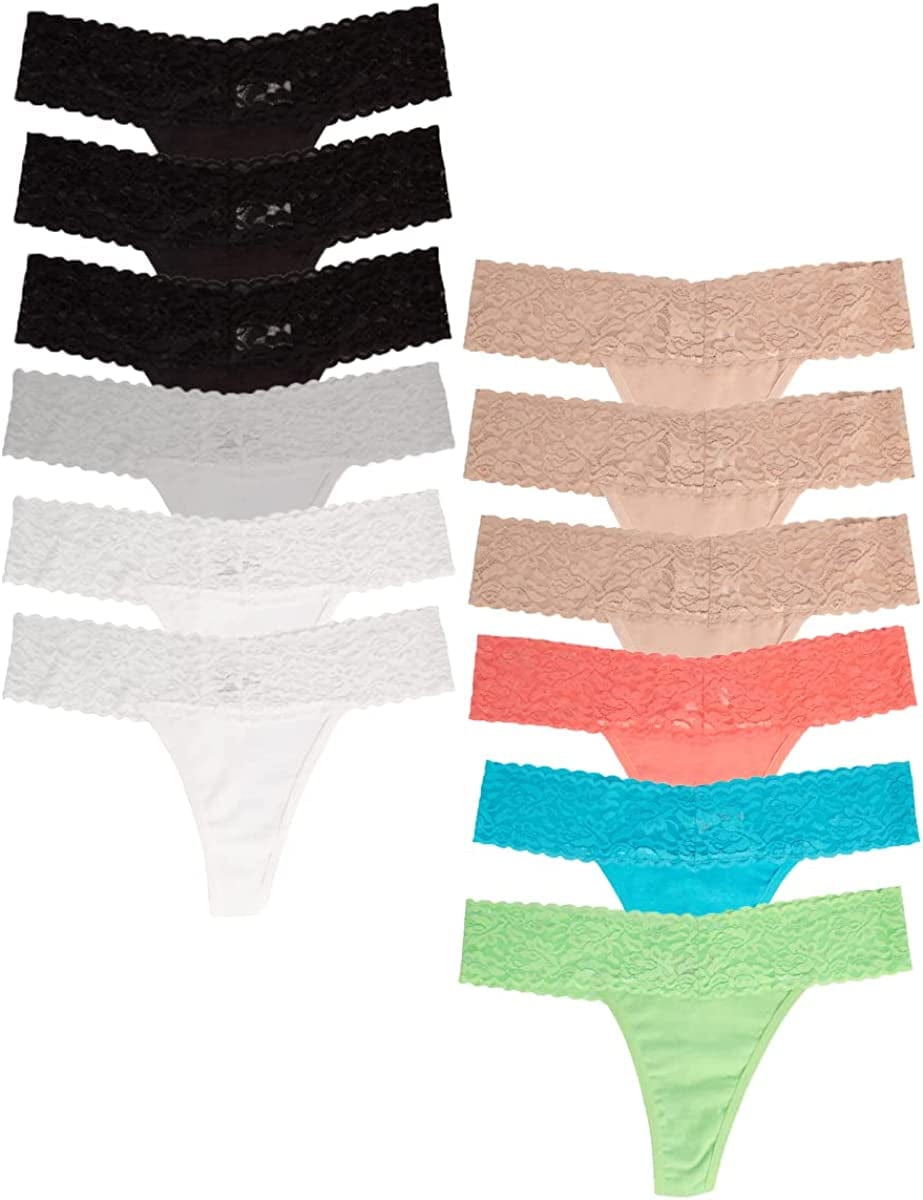 Jo & Bette (6 Pack or 12 Pack Cotton Womens Thong Underwear, Lace Trim Soft Sexy Lingerie Panties Set 6pk Classic, 6pk Neutral / Medium