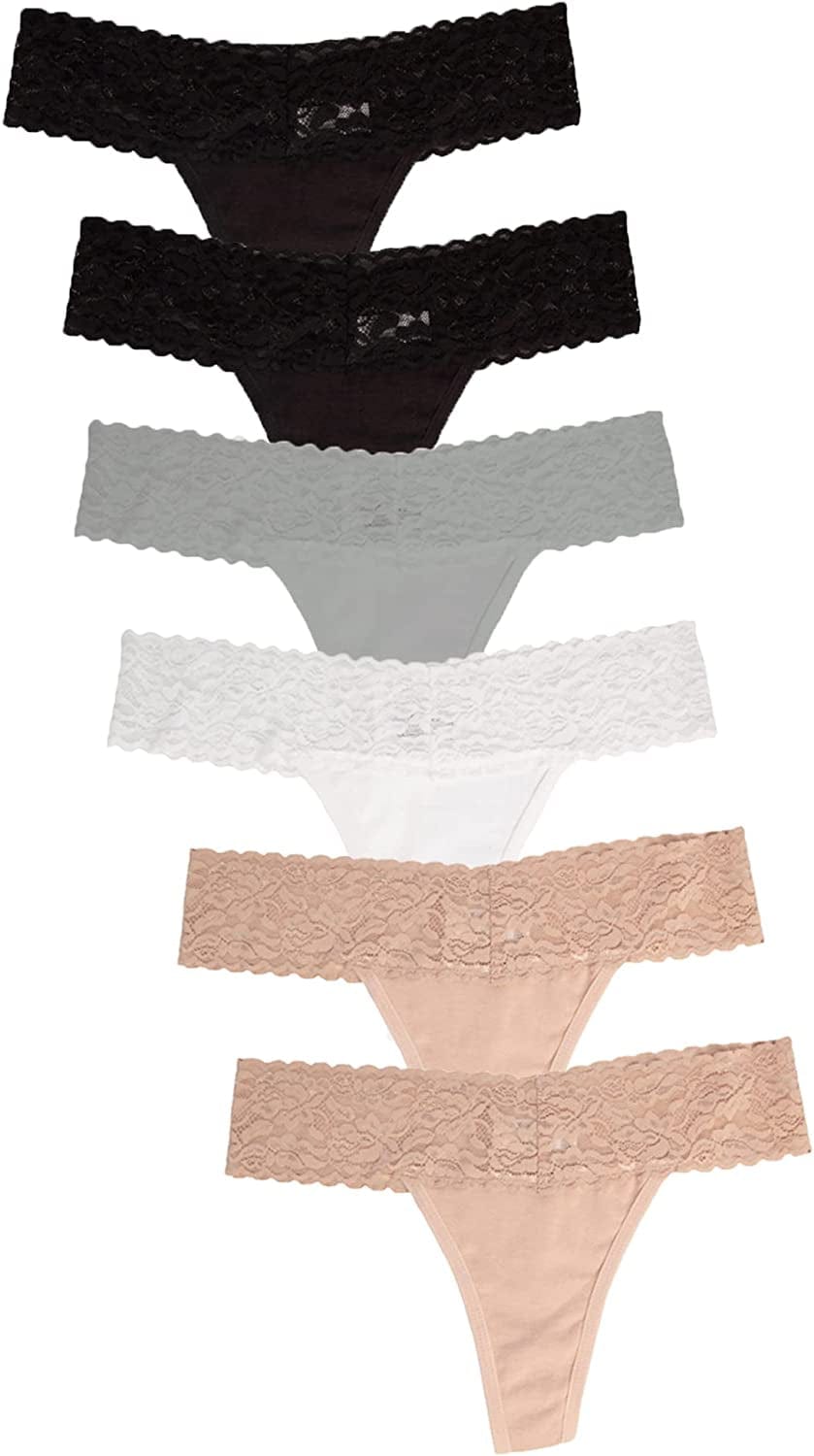 Jo & Bette (6 Pack or 12 Pack Cotton Womens Thong Underwear, Lace Trim Soft Sexy Lingerie Panties Set 6pk Neutrals / Large
