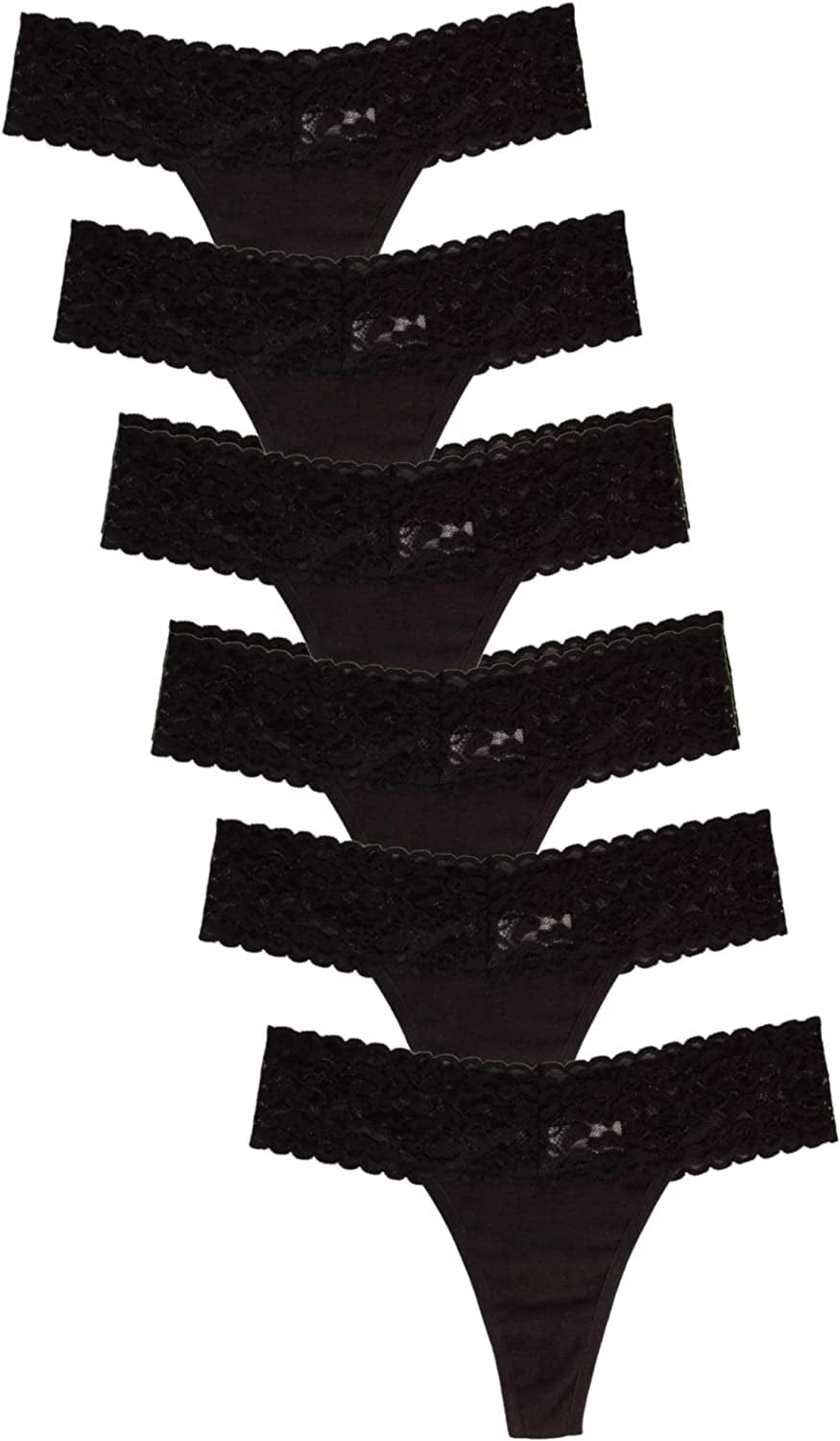 Jo & Bette (6 Pack or 12 Pack Cotton Womens Thong Underwear, Lace Trim Soft Sexy Lingerie Panties Set 6pk Black / Medium