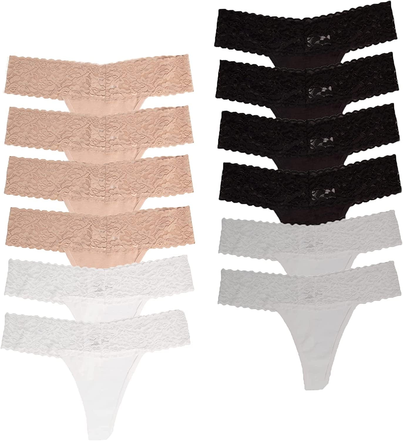 Jo & Bette (6 Pack or 12 Pack Cotton Womens Thong Underwear, Lace Trim Soft Sexy Lingerie Panties Set 12pk Neutral / Large